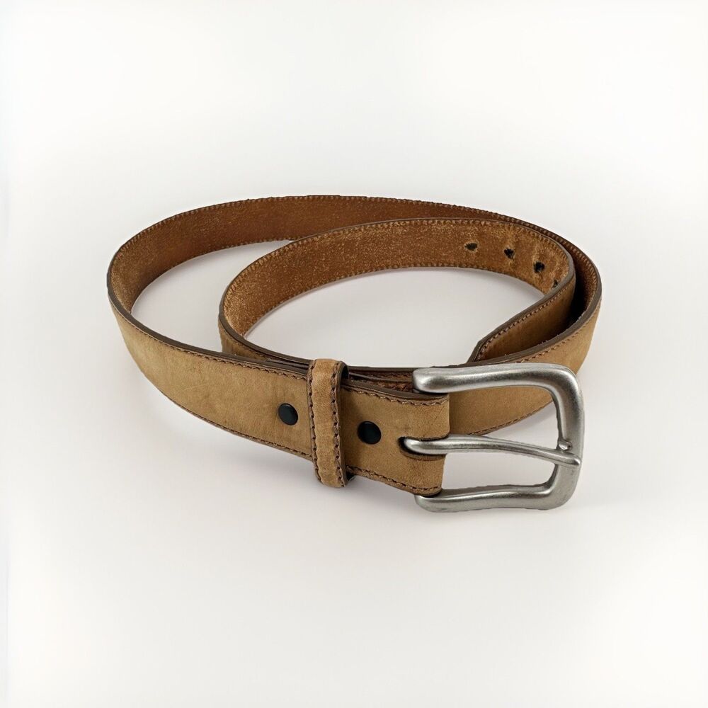 Men’s Genuine Leather Belt Tan Brown 1.25” Wide Size 44 Casual Silver Buckle